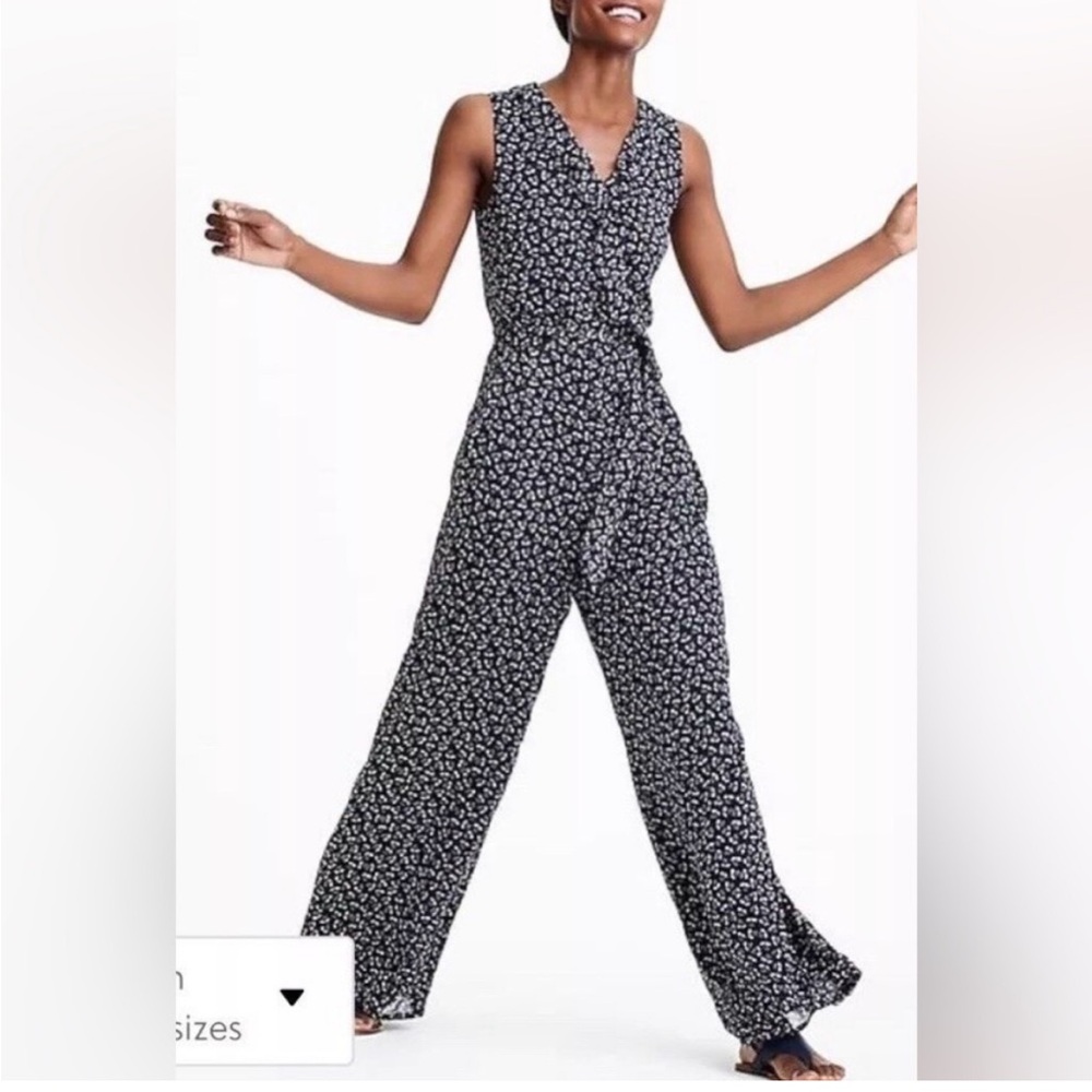 LOFT Outlet Navy and White Floral Ruffle Jumpsuit